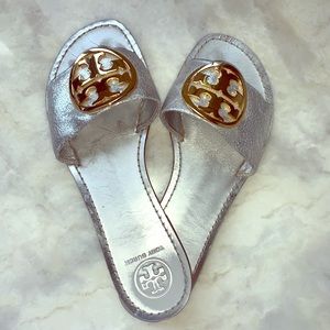 Tory Burch Grania Slide Silver with Gold Logos